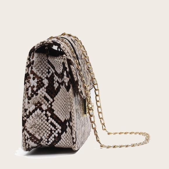 Vegan Leather Snakeskin Gold Tone hardware Chain Shoulder Crossbody Bag - Picture 5 of 7